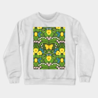 Dollhouse garden, Yellow pansies, birds and butterflies Crewneck Sweatshirt